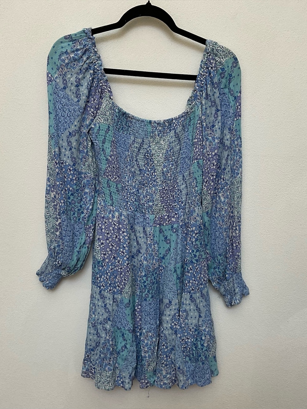 Fate Blue, Teal, Purple Floral Long Sleeve Smocked Dress Size Medium